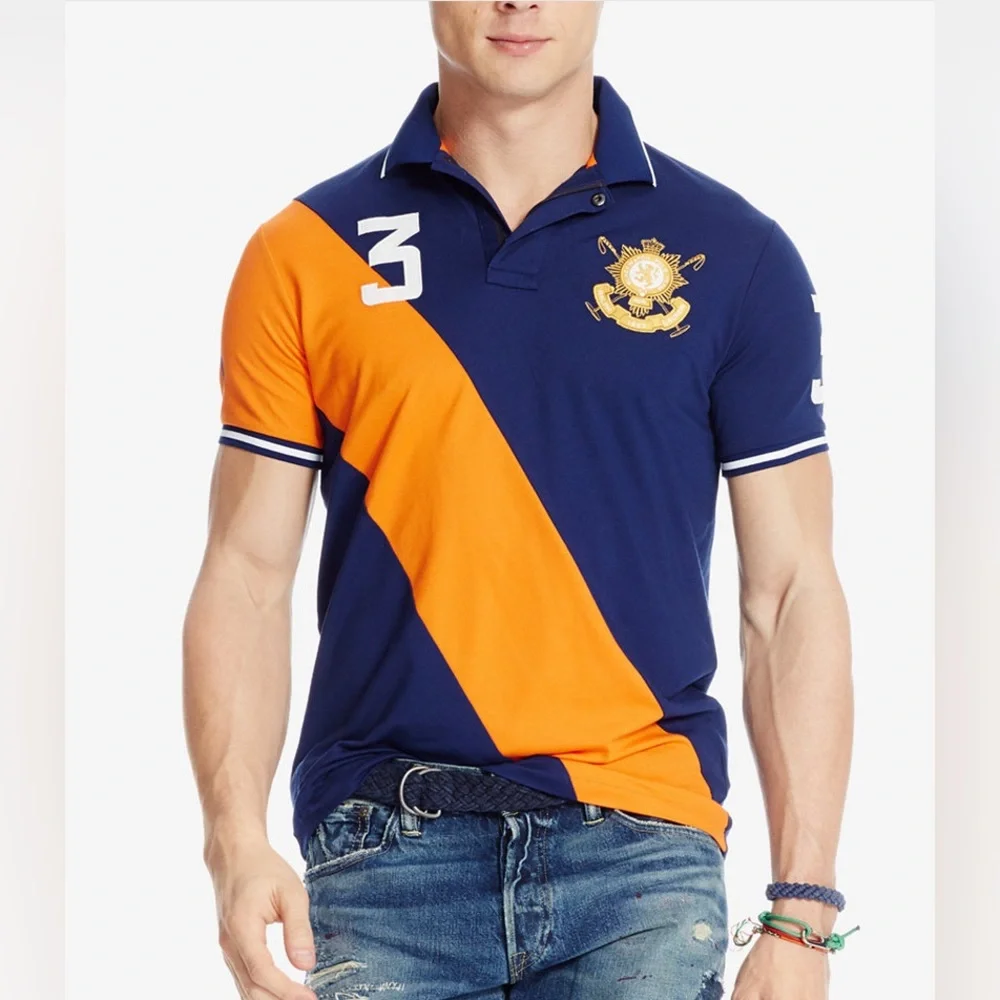 Rugby-Striped Polo Shirt - Navy & Orange